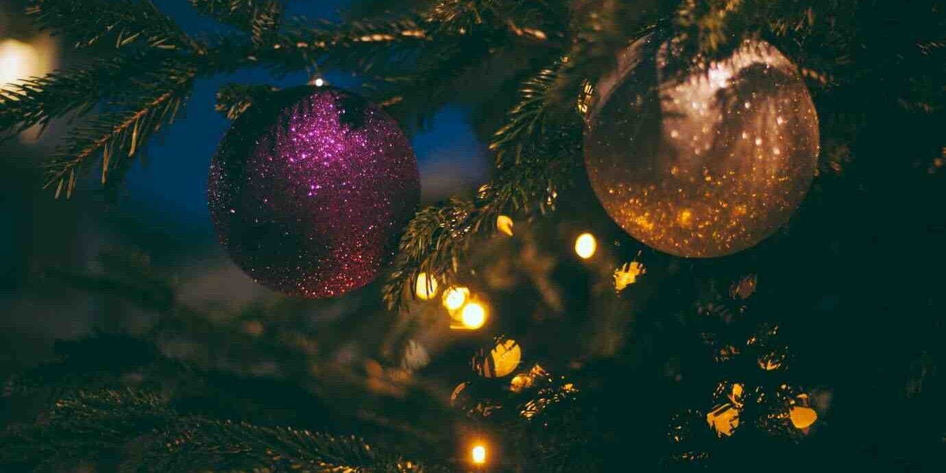 Gros plan sur une branche de sapin de Noël avec deux boules pendues